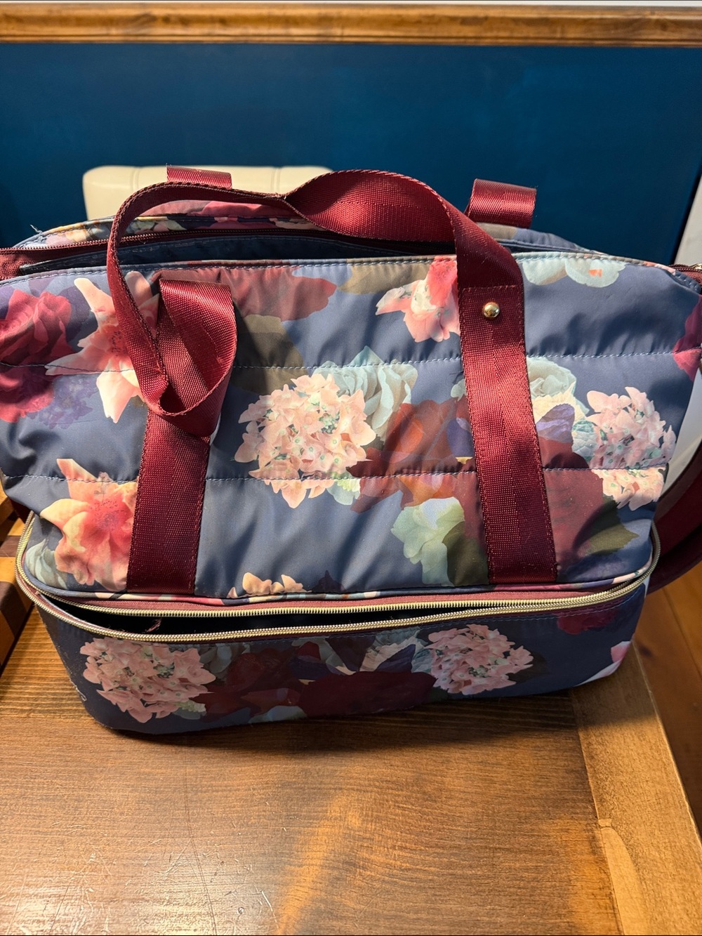 Quilted Floral Travel Tote/ Gym Bag in Navy and Burgundy- shoe compartment